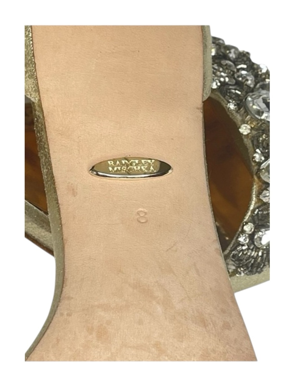 Badgley Mischka ❧ Barby Crystallized Heeled Sandals ❧ Gold Shimmery Leather ❧ 8M - Picture 12 of 16